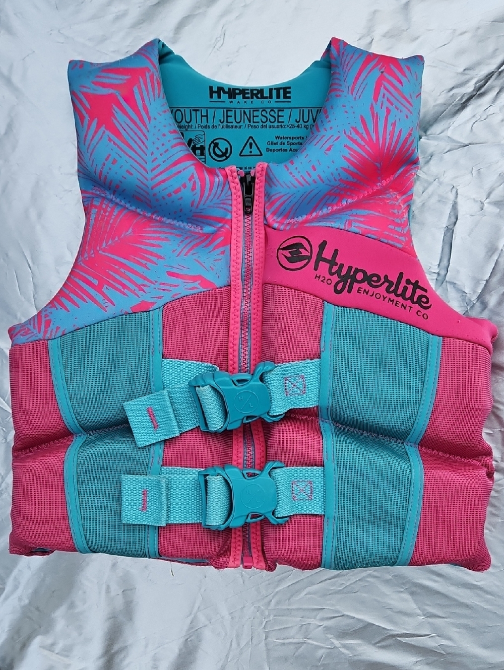 Hyperlite Youth Life Jacket in Pink & Teal 55-80lbs Kids Vest Boating Swimming